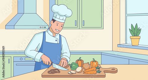 "Chef Preparing a Dish"
Flat vector illustration of a chef chopping vegetables on a wooden board, simple kitchen background, clean geometric shapes, pastel color palette, 