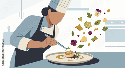"Chef Plating Gourmet Food"
Flat vector chef carefully plating a gourmet dish, decorative food elements floating around, elegant 