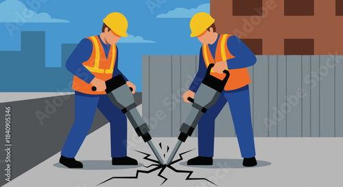 Worker Using Jackhammer"
Flat vector worker operating a jackhammer, ground cracks stylized with simple lines, strong solid colour blocks, minimal urban backdrop.
