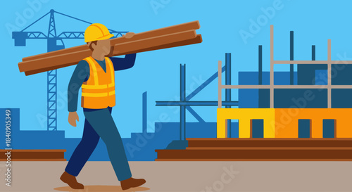  "Worker Carrying Wooden Planks"
Flat vector construction worker walking while carrying planks, safety helmet and vest, smooth shapes, bold solid colour palette.