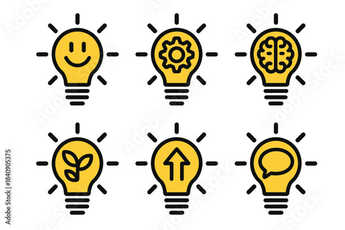 Creative idea light bulb icon set featuring brain symbols, gear elements, and plant growth concepts, perfect for innovation themes, smart thinking visuals, problem solving graphics, progress design, 
