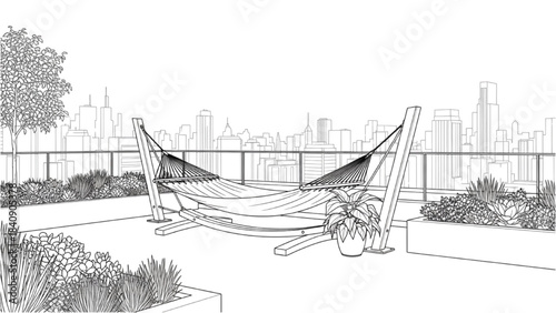 High-quality black line art of a rooftop relaxation zone with a hammock, minimalist railing, and subtle rooftop landscaping