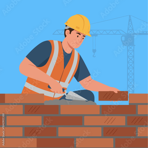 "Worker Laying Bricks"
Flat vector bricklayer placing bricks with trowel, simplified brick wall texture, solid earth-tone colours, minimal shadows.