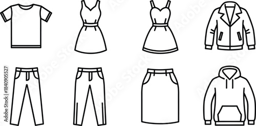 Collection of four outline clothing icons representing various garments as a vector graphic isolated on white background