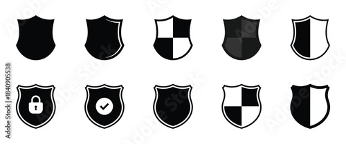 stroke shield icon set. Flat silhouette vector icons of protective shields. Protection and secure icon. Shield check mark logo icon set. Vector illustration.
