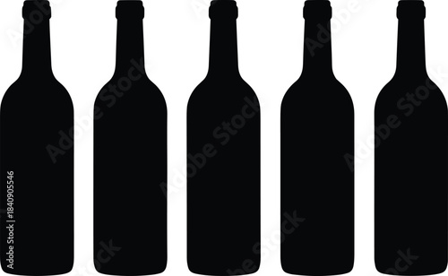Bottle silhouette illustration set featuring five identical wine or beer bottles, solid black minimal vector icons for packaging branding and beverage design