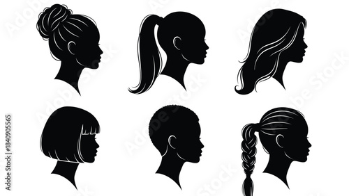 Six different women's hairstyles in black silhouette on white background