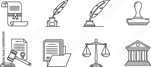 Collection of law and justice vector outline icons representing legal concepts isolated on white background