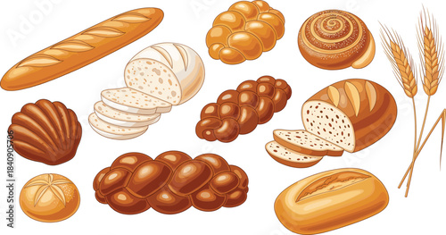 Bread and bakery illustration set featuring loaves rolls buns sliced bread and wheat, realistic colorful baked goods vector collection for food designs