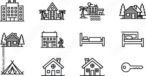 Collection of outline building and accommodation vector icons representing real estate and travel isolated on white background