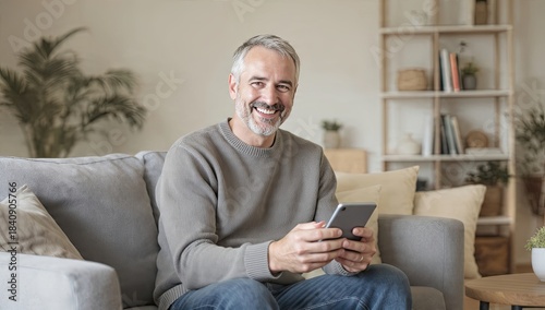 A smiling senior businessman with glasses sits at home using his tablet computer and laptop technology to stay connected to the internet