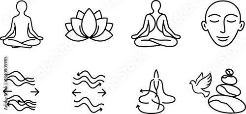 Eight meditation yoga and wellness vector icons representing spiritual balance and mindfulness isolated on white background