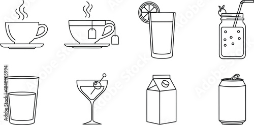 Eight vector drink icons collection featuring various beverages including coffee tea juice and soda isolated on white background