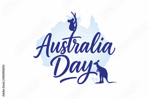 Australia Day illustration featuring a blue Australia map with koala and kangaroo silhouettes in a clean modern style.