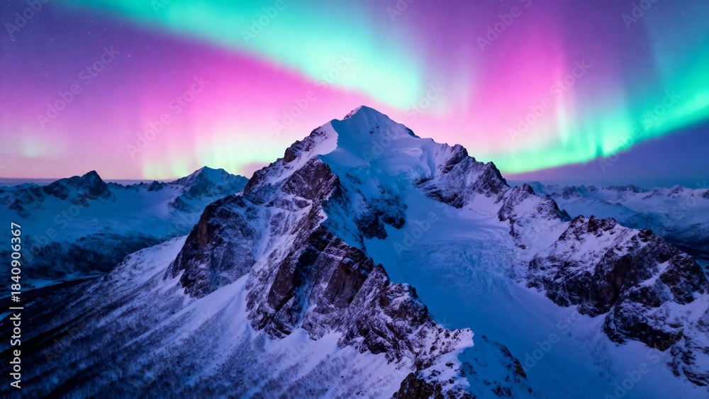 Fototapeta premium Aurora borealis illuminates snow-covered mountain peaks under a vibrant night sky