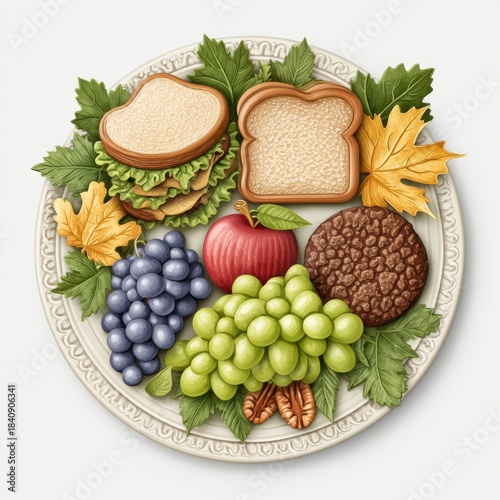 Healthy Food Platter With Sandwich Grapes Apple And Pecans On White Background Top View