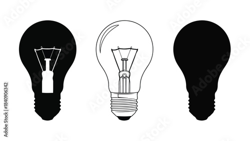 Three light bulb icons with different states on white background
