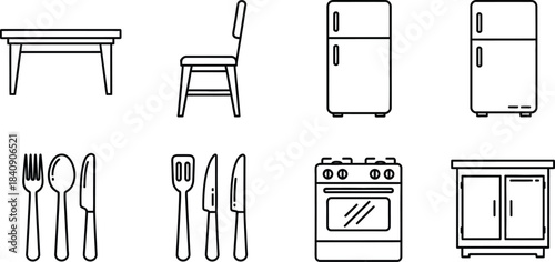 Kitchen and dining furniture vector outline icon set with table chair refrigerator oven and cutlery isolated on white background