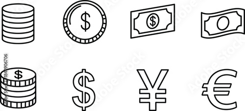 Money currency outline vector icon set including dollar yen and euro symbols isolated on white background
