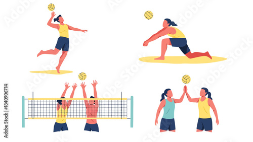Beach Volleyball Action Athletes Playing Game Serving Spiking Digging and Celebrating Victory on Sandy Court