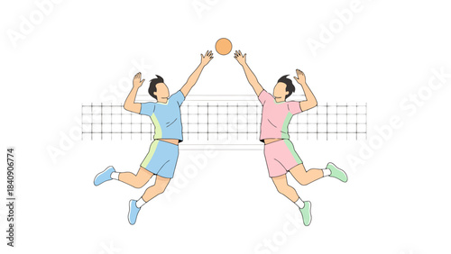 Dynamic Action Illustration Two Athletes Competing in a Fast Paced Ball Game Over a Net