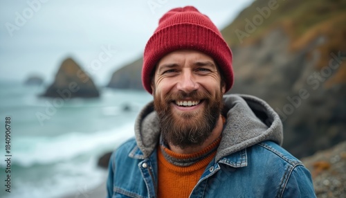 Bearded man with red hat and denim jacket smiles by rocky ocean shore. He wears an orange sweater. Cool weather, seaside, nature, outdoor leisure.