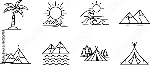 Outdoor adventure and nature travel vector icon set featuring mountains, sun, palm tree, and camping tent isolated on white background