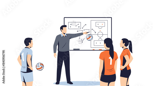 Coach Explains Strategy on Whiteboard to Volleyball Team Players