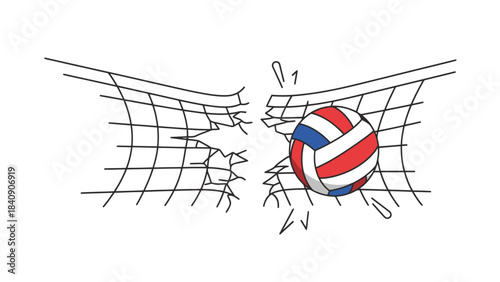 Powerful Volleyball Burst Through Net Breaking Sport Barrier Dynamic Action Illustration