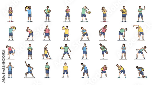 Diverse Group of People Performing Various Exercise Stretches and Warm up Routines