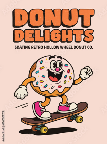 retro-style cartoon illustration of a joyful pink glazed donut with colorful sprinkles, anthropomorphized as a skateboarding character speeding along with a big smile and fist pump. 