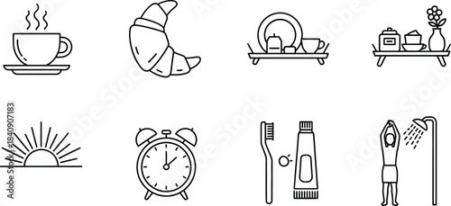 Set of 8 outline morning routine icons including coffee, croissant, alarm clock, and shower vector icon isolated on white background