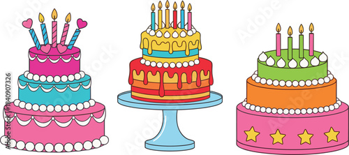 Colorful birthday cake illustration set with layered cakes candles and decorative frosting, cute celebration dessert vector collection for party designs