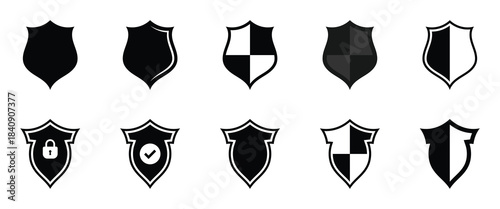 Vector isolated shield icons set. Privacy safety shield icons set on white background. Secure safety shield silhouette icons. EPS 10
