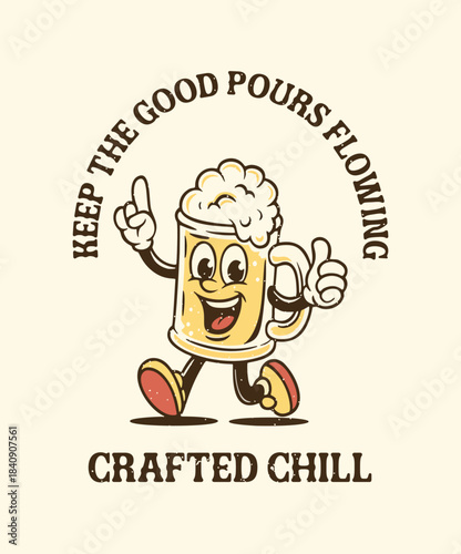 Retro cartoon illustration of a happy beer mug character, personifying a craft beer. The cheerful mascot gives a thumbs-up while pointing upwards, surrounded by a circular text .
