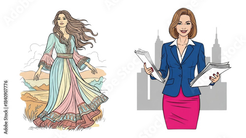 Black outline colorful art of two women, one in bohemian dress in breeze, one in formal office attire