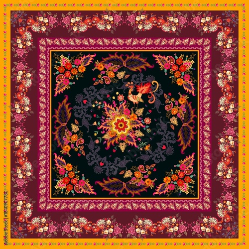 A beautiful fairytale print for a rug or scarf with magical birds, lush bouqu...
