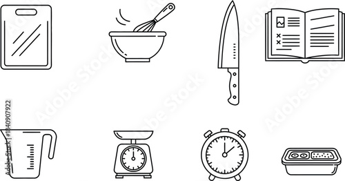 Set of six kitchen cooking tool vector outline icons including cutting board knife scale and timer isolated on white background