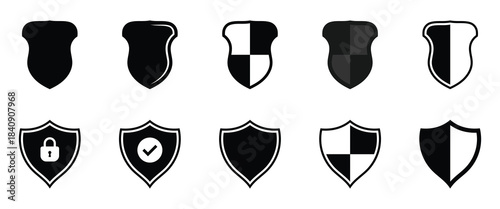 Vector isolated shield icons set. Privacy safety shield icons set on white background. Secure safety shield silhouette icons. EPS 10