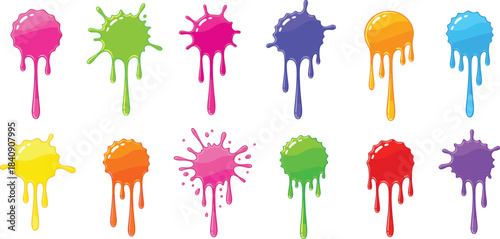 Colorful paint drip and splash illustration set with glossy liquid drops in bright rainbow colors, abstract creative vector elements for modern design