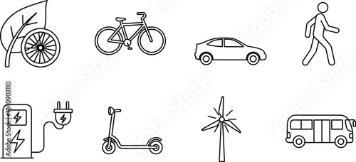 Sustainable transport and green energy vector icon set representing eco-friendly mobility isolated on white background