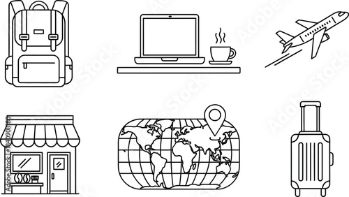 Travel and business outline vector icon set including backpack laptop airplane store map and suitcase isolated on white background