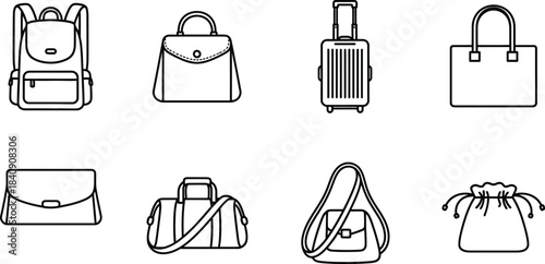 Various luggage and travel bag vector icon collection for fashion accessories and shopping isolated on white background