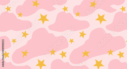 A charming and whimsical seamless pattern featuring delicate pink cloud shapes interspersed with sparkling golden stars, creating a dreamy background.