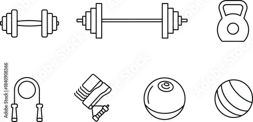 Vector icon set of six gym equipment including weights and fitness accessories isolated on white background