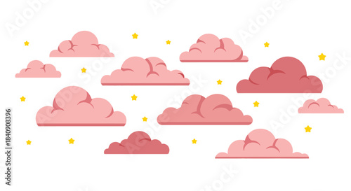 An enchanting array of fluffy pink clouds and sparkling yellow stars forms a delightful and serene backdrop for various creative projects.