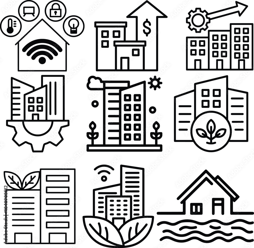 Fototapeta premium Collection of Business and Technology Icons with Buildings and Nature Elements city smart home