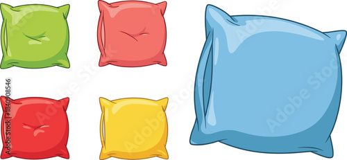 Colorful throw pillow illustration set with soft square cushions in different sizes and bright colors, cozy home decor vector elements