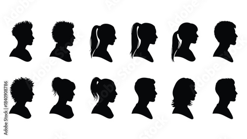 Collection of silhouette profiles of diverse people with various hairstyles on white…