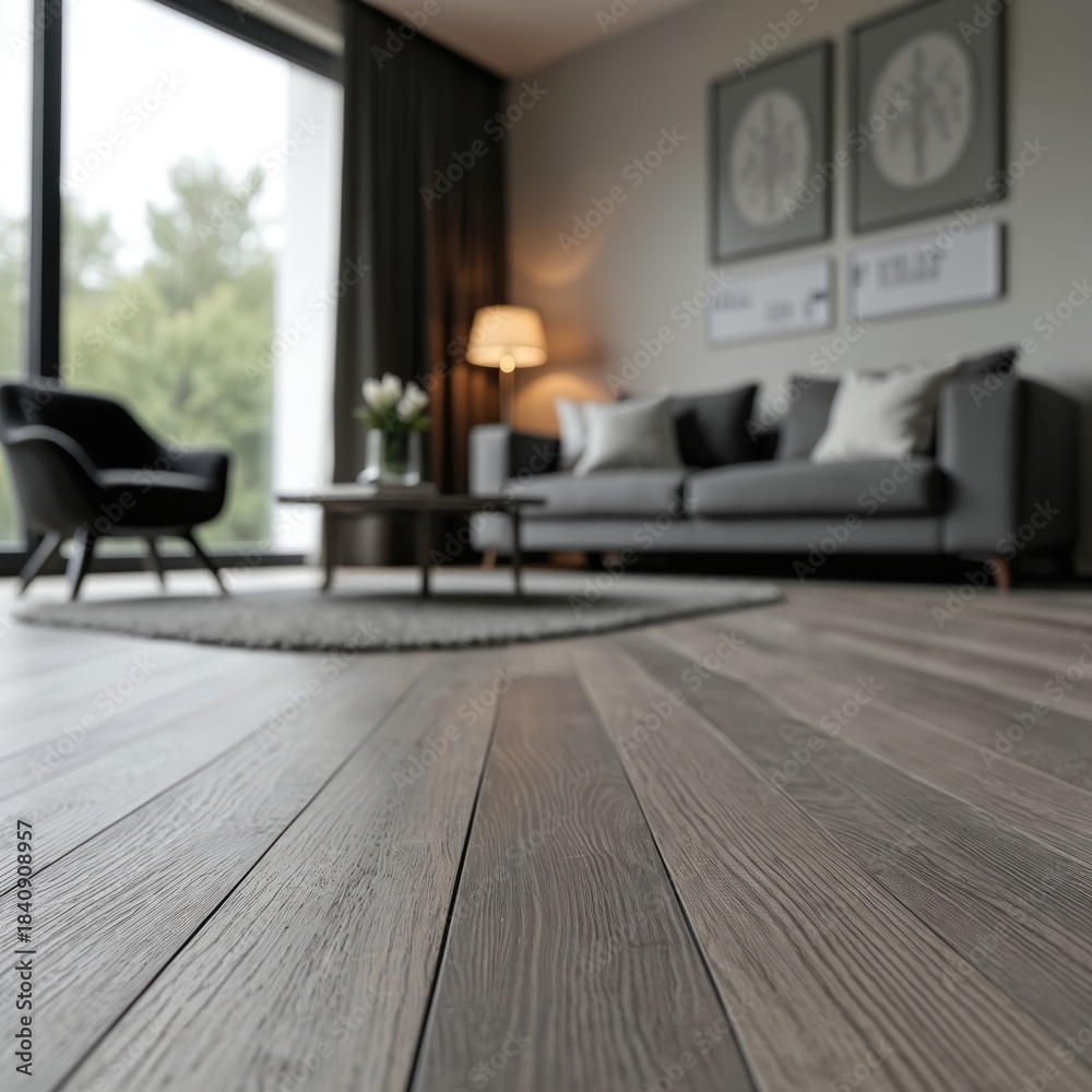 Fototapeta premium Modern living room interior features grey wood grain vinyl flooring. Contemporary furniture includes a sofa and armchair. Natural light enters from large window.